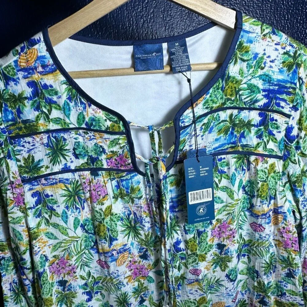 Caribbean Joe Size M Pink White Blue Print Aqua Dress lined Travel Casual nwt - Picture 12 of 14
